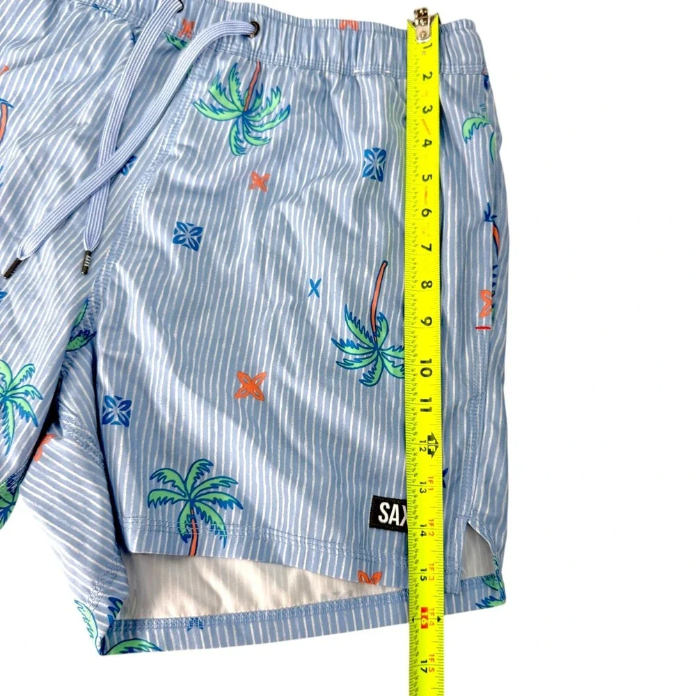 Saxx Swim Shorts Mens Large Blue Striped Oh Buoy 2N1 BallPark Pouch Palm Tree